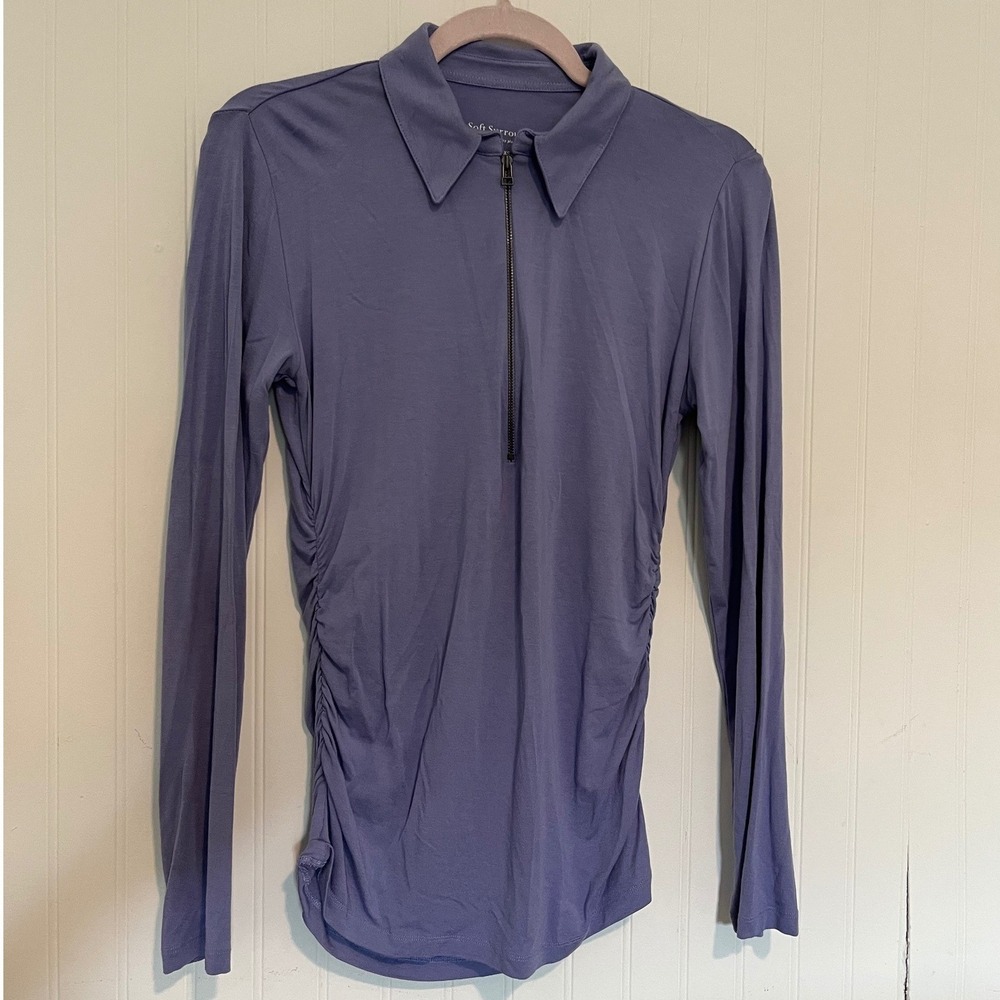 Soft Surroundings Womens XS Blue Ruched Quarter Zip Long Sleeve Top 28741